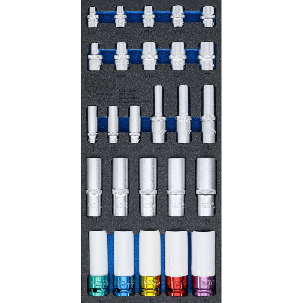 BGS   4147   Bandeja para carro 1/3: llaves de vaso hexagonales, largo 11 - 22 mm   perfil E E10 - E22   6,3 mm (1/4"), 10 mm (3