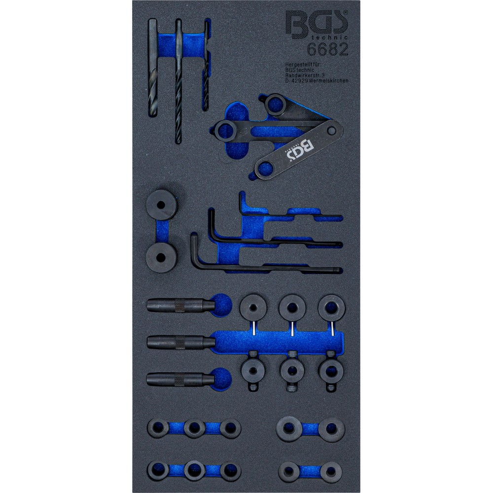 BGS   6682   Bandeja para carro 1/3: Juego de herramientas de plantillas para taladrar culatas   28 piezas