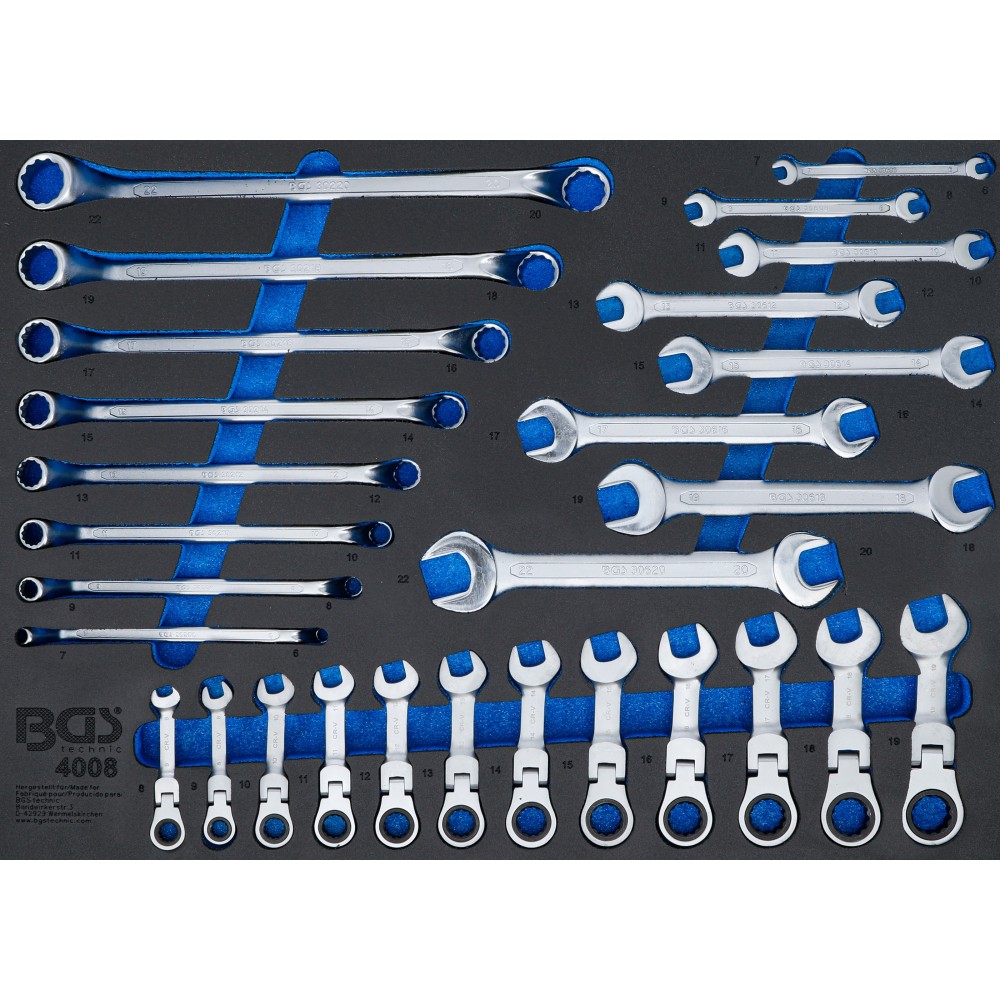BGS   4008   Bandeja para carro 3/3: Llaves fijas dobles, llaves de estrella dobles, llaves combinadas con carraca   angulable  