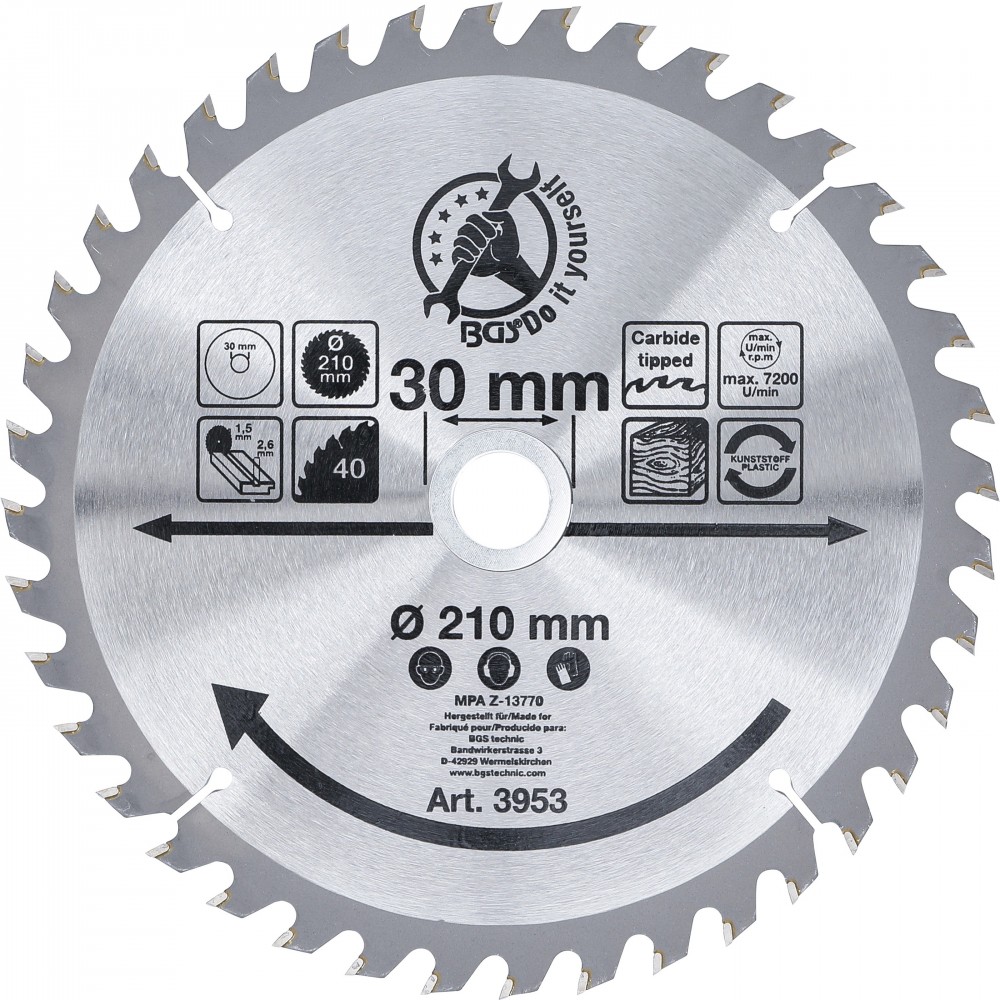 BGS Diy | 3953 | Hoja de sierra circular con puntas de carburo | Ø 210 x 30 x 2,6 mm | 40 dientes