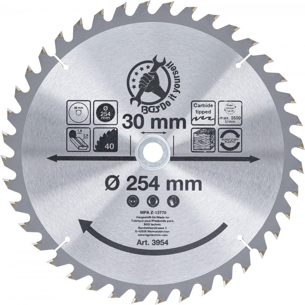 BGS Diy | 3954 | Hoja de sierra circular con puntas de carburo | Ø 254 x 30 x 3,2 mm | 40 dientes