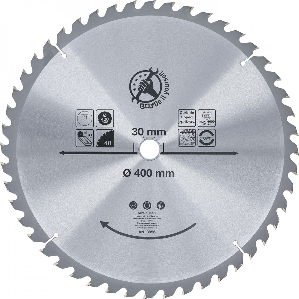 BGS Diy | 3956 | Hoja de sierra circular con puntas de carburo | Ø 400 x 30 x 3,4 mm | 48 dientes