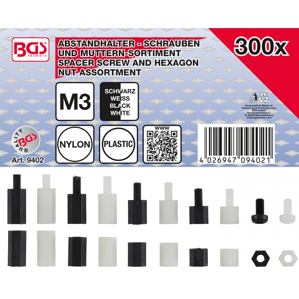 BGS | 9402 | Tornillos distanciadores y surtido de tuercas hexagonales | nylon | 300 piezas