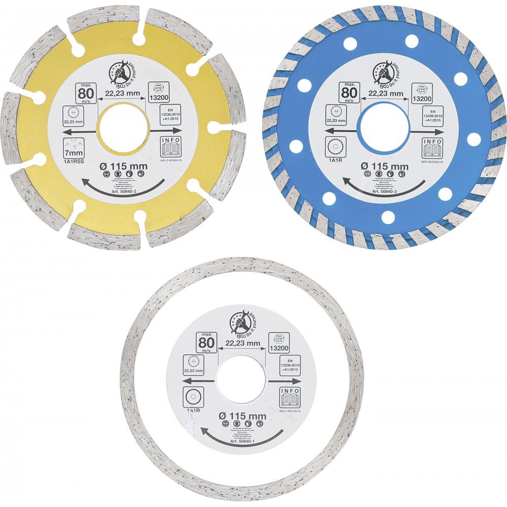 BGS Diy | 50840 | Juego de discos de diamante | orificio Ø 20 mm | Ø 115 mm | 3 piezas